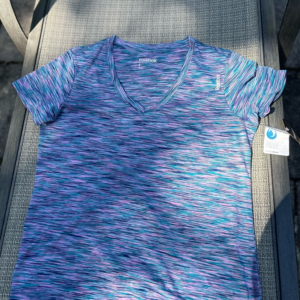 Women’s Reebok v neck speed wick top. Blue and pink. NWT large - Picture 2 of 4